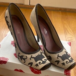 Lipsy Beige and Black Embroidered Peep-Toe Stiletto Heels